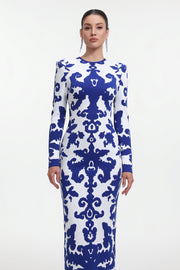 Round Neck Long Sleeve Jacquard Bandage Maxi Dress